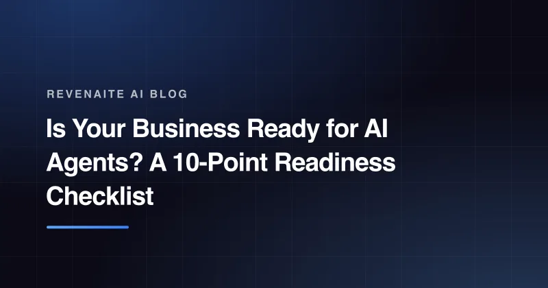 Dark branded card with the post title 'Is Your Business Ready for AI Agents? A 10-Point Readiness Checklist' above a blue gradient accent bar.