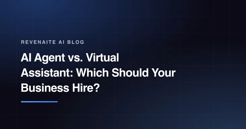 Dark branded card with the post title 'AI Agent vs. Virtual Assistant: Which Should Your Business Hire?' above a blue gradient accent bar.