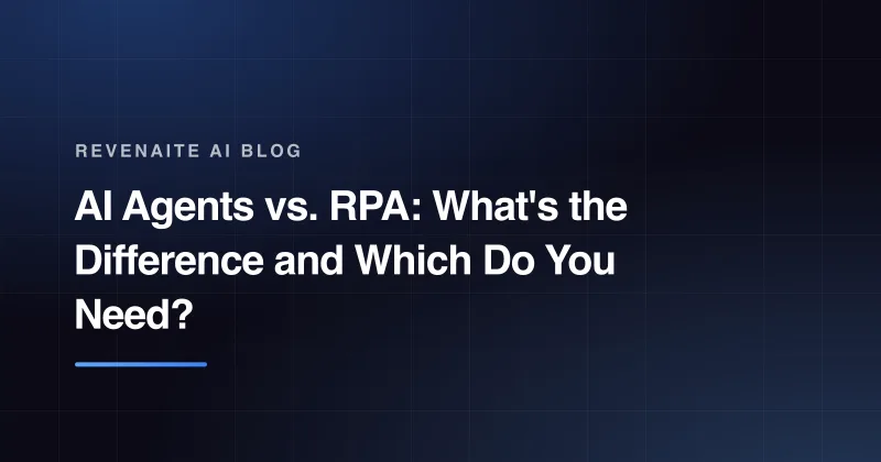 Dark branded card with the post title 'AI Agents vs. RPA: What's the Difference and Which Do You Need?' above a blue gradient accent bar.
