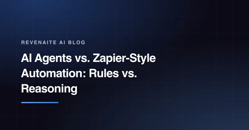 Dark branded card with the post title 'AI Agents vs. Zapier-Style Automation: Rules vs. Reasoning' above a blue gradient accent bar.